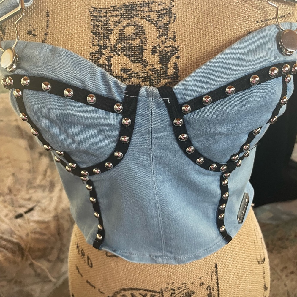 Kendall & Kylie Cropped Studded Denim Bustier